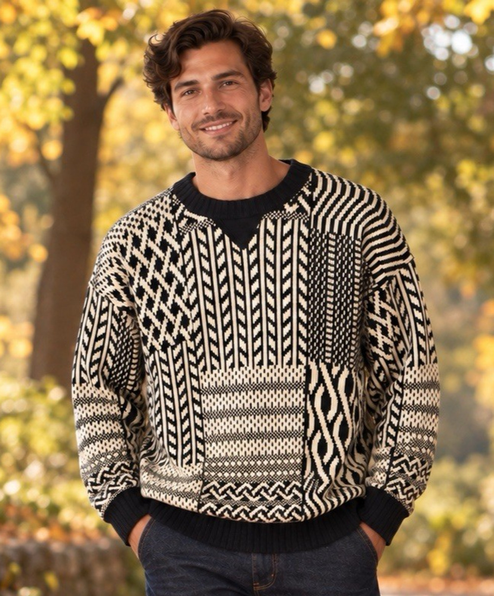 Vintage IZOD Pullover Sweater Men’s M Black Geo Print 100% Cotton Thick Grandpa